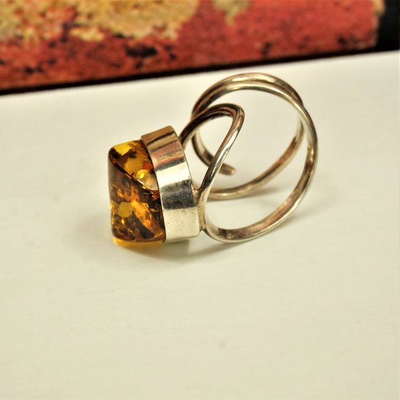 LARGE BALTIC AMBER 925 SILVER ADJUSTABLE RING, UNIQUE DESIGN, GIFT FOR WOMEN - Picture 12 of 16